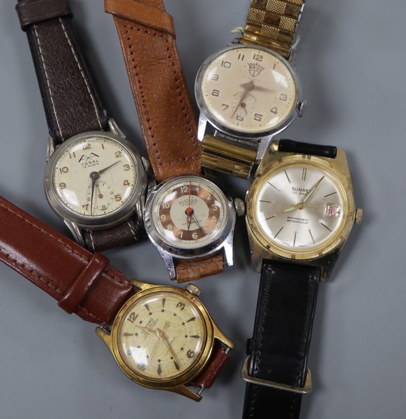 Five assorted gentlemans steel or gold plated wrist watches including Misalla.